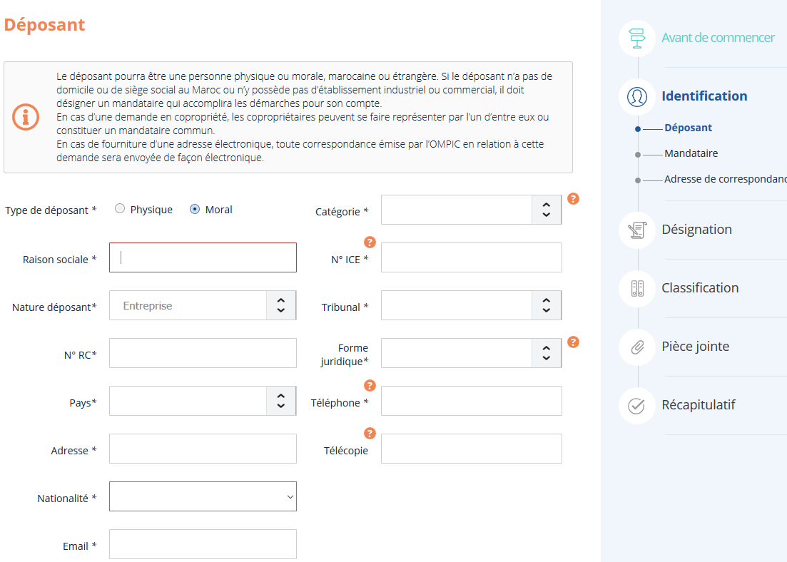 Sélection du type de déposant Personne Morale sur DirectOMPIC