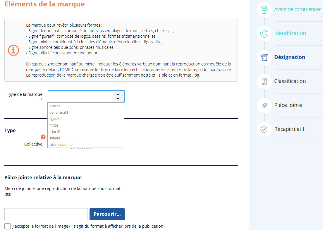 Choix du type de marque : dénominatif, figuratif ou mixte sur DirectOMPIC