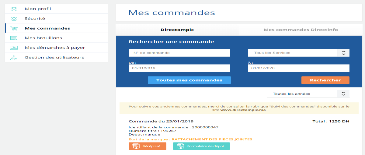 Téléchargement du Récépissé Officiel de Dépôt de Marque OMPIC